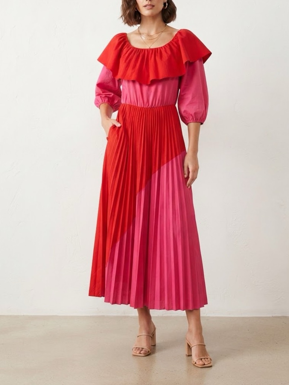 Alisa Style Red Pink Colorblock Pleated Ruffle Off Shoulder Maxi Dress❤️